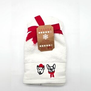 NWT Casaba Tip Towel Dogs Santa Hat Christmas Set of 2 White Red